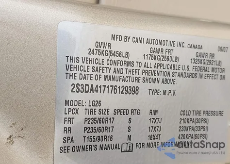 2007 Suzuki Xl7 Luxury z USA, uszkodzony, nr VIN 2S3DA417176129398